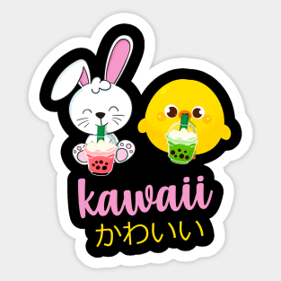 Kawaii cute anime bunny and duck drinking bubble tea Sticker